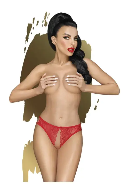 Трусики-тонг Penthouse Naughty Valentine S/M Red, кружево, открытый доступ к интимным зонам photo 1