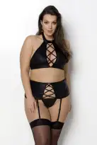 Комплект из экокожи Passion Nancy Set 4XL/5XL black, имитация шнуровки, топ, пояс для чулок photo 1